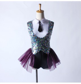 White sequins purple paillette neck tie down collar girls kids children stage performance cos play modern dance ballet dancing outfits leotards bodysuits dresses